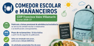 Publicada a listaxe provisional de persoas admitidas/excluidas ao servizo de comedor escolar e mañanceiros do CEIP Francisco Vales Villamarín para o curso 2026-2027